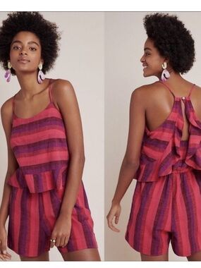 Anthropologie Amadi Linen Blend Ruffled Romper Size XS